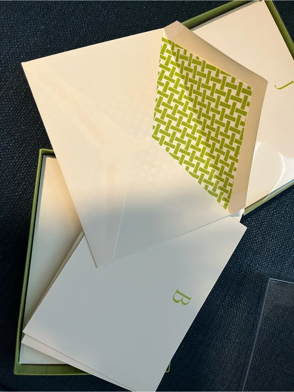 Monogrammed Note Cards Set - Letters J & B in Lime Green